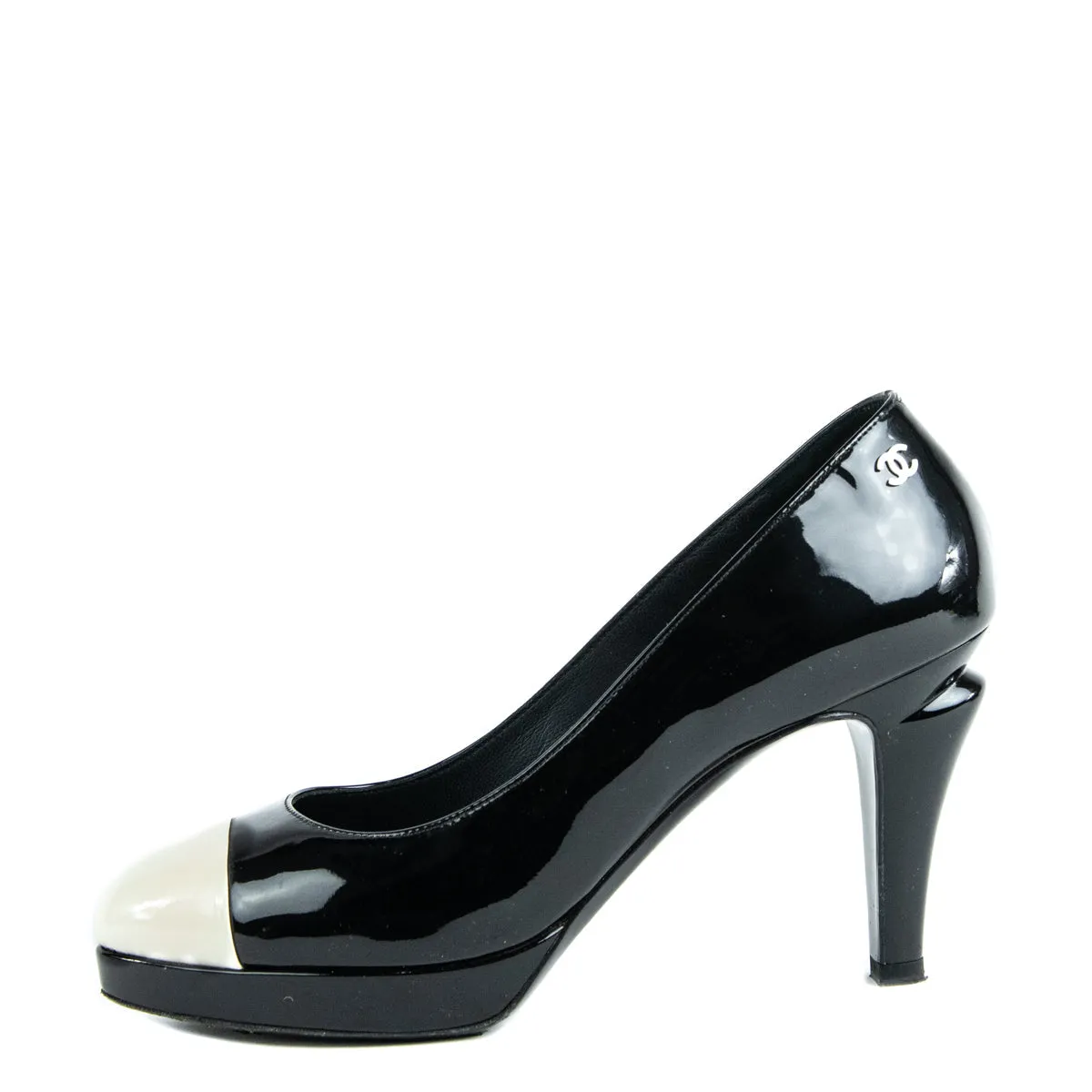 Chanel Black & White Patent Cap Toe Platform Pumps Size US 8.5 | EU 38.5
