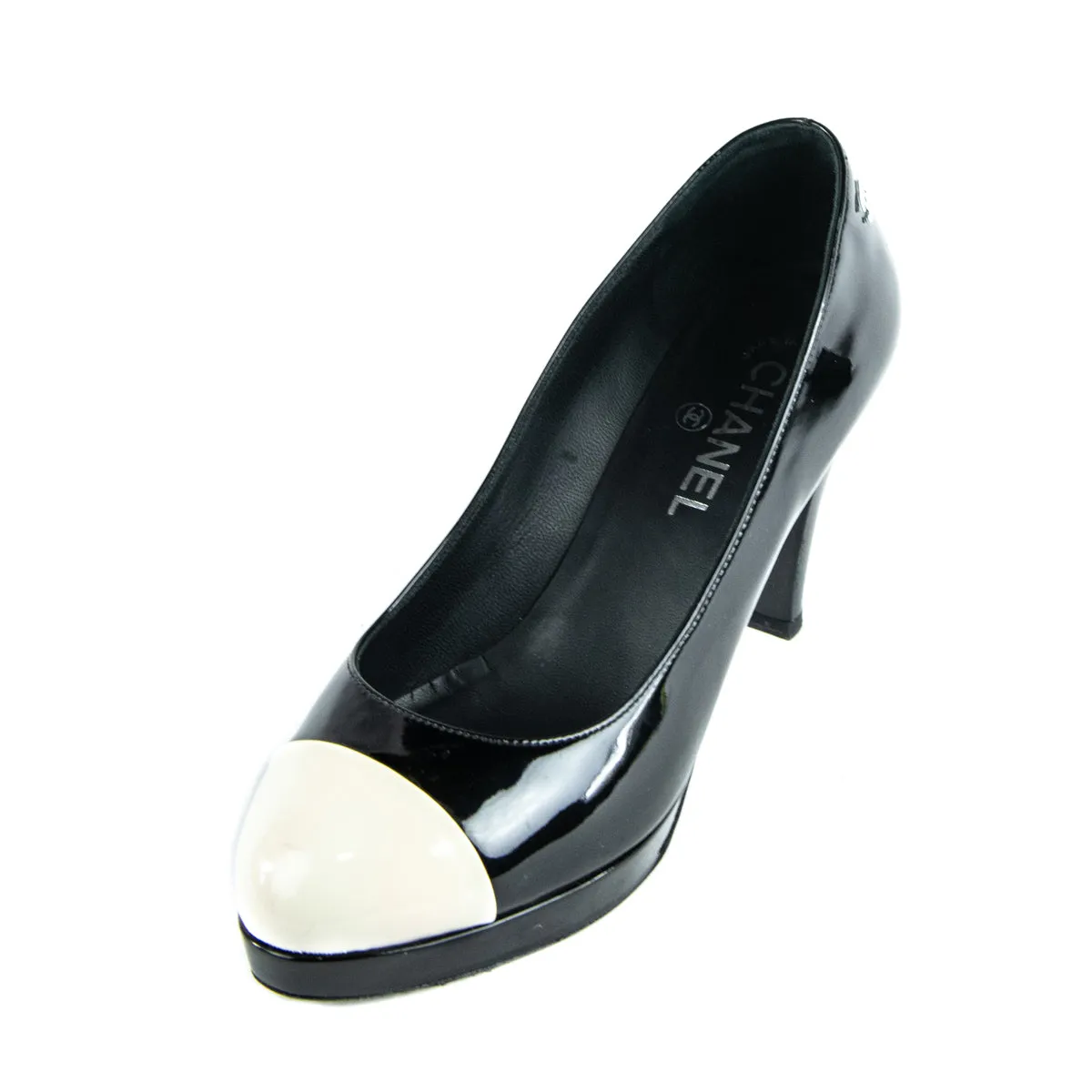 Chanel Black & White Patent Cap Toe Platform Pumps Size US 8.5 | EU 38.5